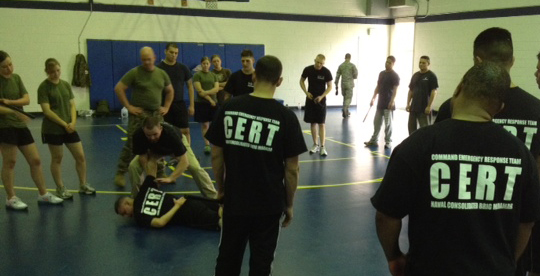 Controlled F.O.R.C.E. Instructor demonstrates M.A.C.H. Takedown to Handcuff Postion technique for prisoner control